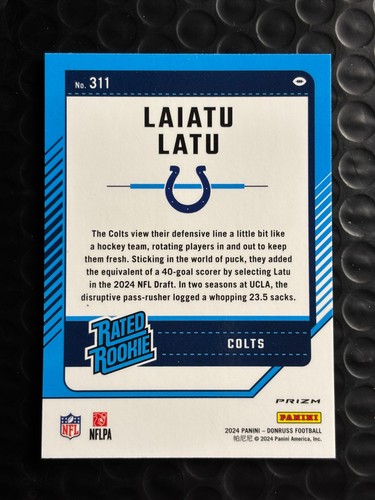2024 Panini Optic - Rated Rookie Laiatu Latu #311 Red & Green Prizm (RC) Colts - Picture 2 of 2