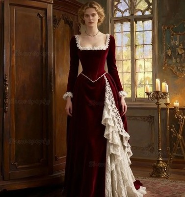 Victorian A-line Formal Evening Dresses Lace Draped Velvet Burgundy Square  Neck | eBay