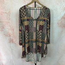 CATO boho patchwork tunic top size XL earthy global hippie v-neck high low shirt