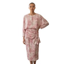 Vintage pink floral ruched midi women's high neckline, Long sleeve Dress, Small