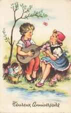 CP ILLUSTREE ANNIVERSAIRE ENFANT JOUE GUITARE PETITE FILLE FOULARD - 57324