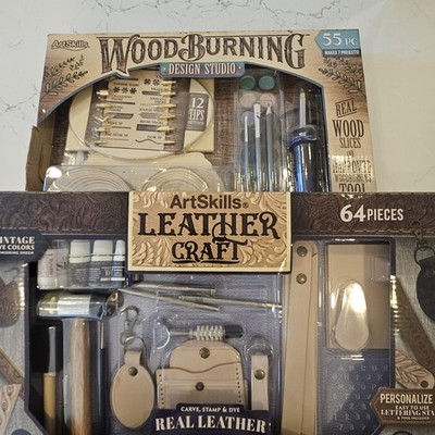 ArtSkills Leather Craft 64pc & Wood Burning Design Studio 55pc Kits Lot Crafts