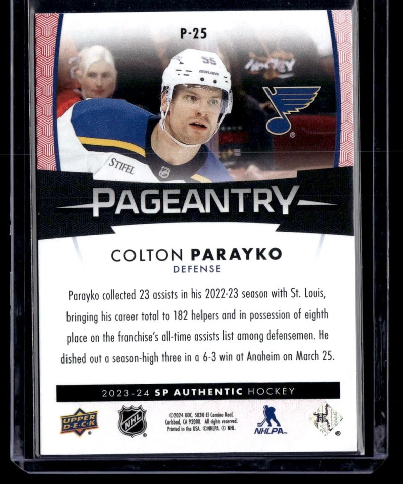 2023-24 Upper Deck SP Authentic Pageantry Red COLTON PARAYKO P-25 St Louis Blues - Image 2 of 2