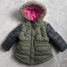 OshKosh B'gosh Puffer Jacket 18M Green Pink Faux Fur Hood Winter Coat Heart Star