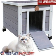 Outdoor Cat House Wooden Shelter Easy Assembly Waterproof Ventilation Flap Grey