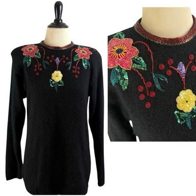VINTAGE IB Diffusion Sequin Angora Silk SWEATER M Wool Floral Black Beaded Retro