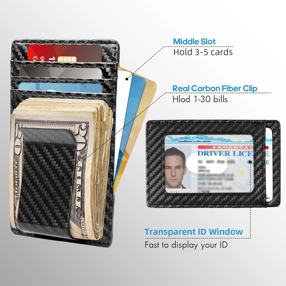 Money Clip for Men Carbon Fiber Clip Wallet Leather Slim Minimalist RFID Bloc... - Image 2 of 4