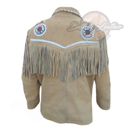 Men Western Cowboy Suede Fringe Jacket Beaded Native American Leather Jacket - Picture 3 of 4