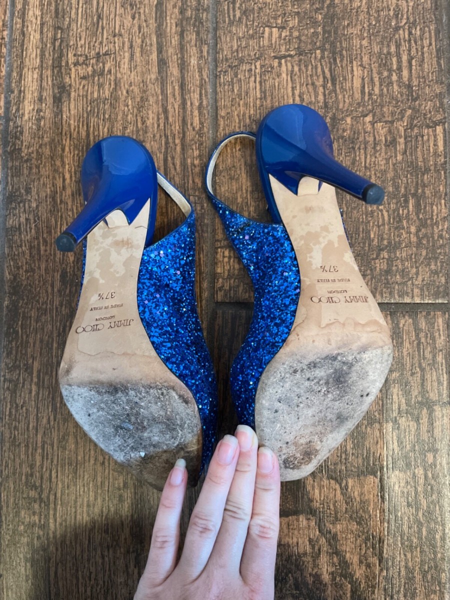 Jimmy Choo Sling Back Heels Blue Glitter Size 37.5 Fit Size