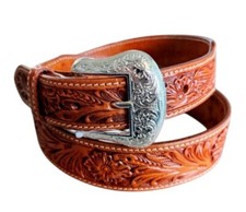 Western Cowboy Ranger Floral Tooled Saddle Tan Tapered Leather Belt Size 40