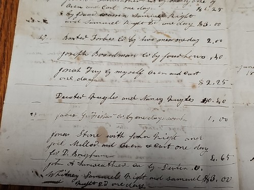 1843 Paper Ephemera WORK RECORD Timesheet Bills Josiah FAY Massachusetts - Picture 4 of 12