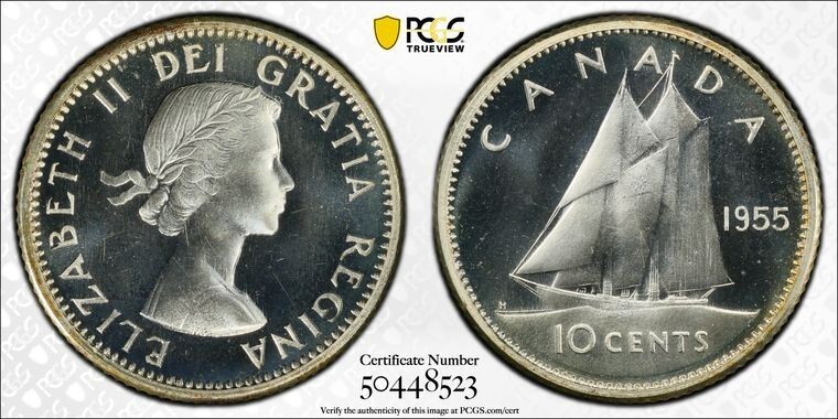 1955 Canada  Gem PL Ten Cents  Dime   PCGS PL 67 Cam
