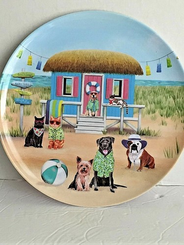 Melamine Dogs Cats Beach Shack Nautical Scene 11"D Serving Plate - 第 1/6 張圖片