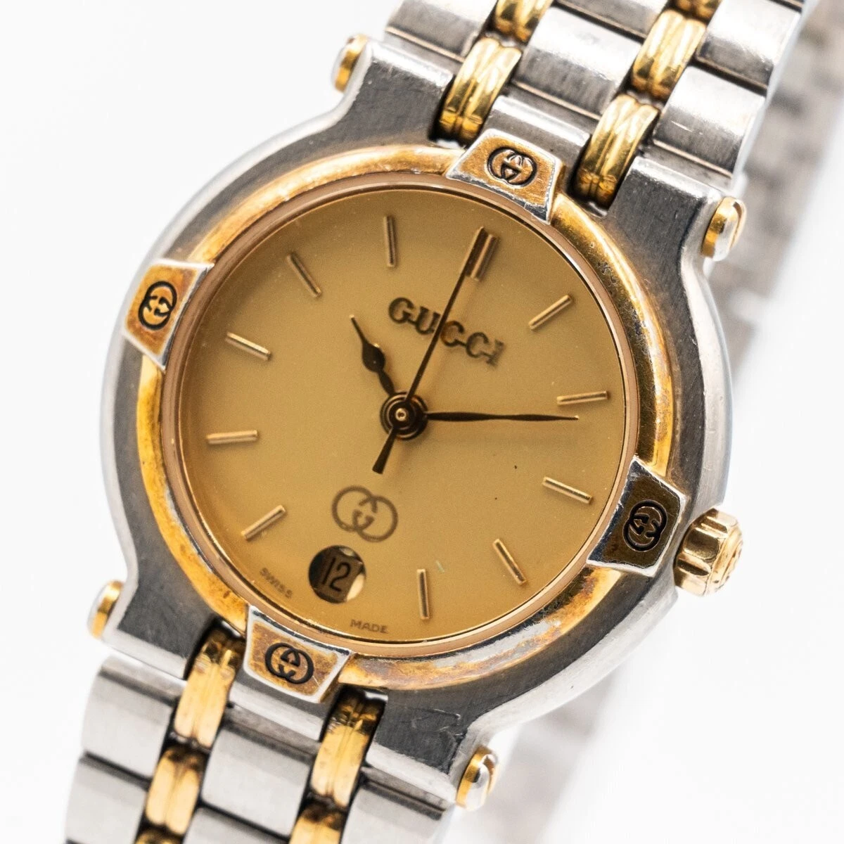 [Exc+5] Montre Vintage GUCCI 9000L ARGENT Or DATE Blanc Occasion Fonctionne
