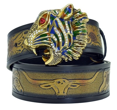 Gudaud western leather belt tiger buckle strap rhinstone buckle jeans Belts