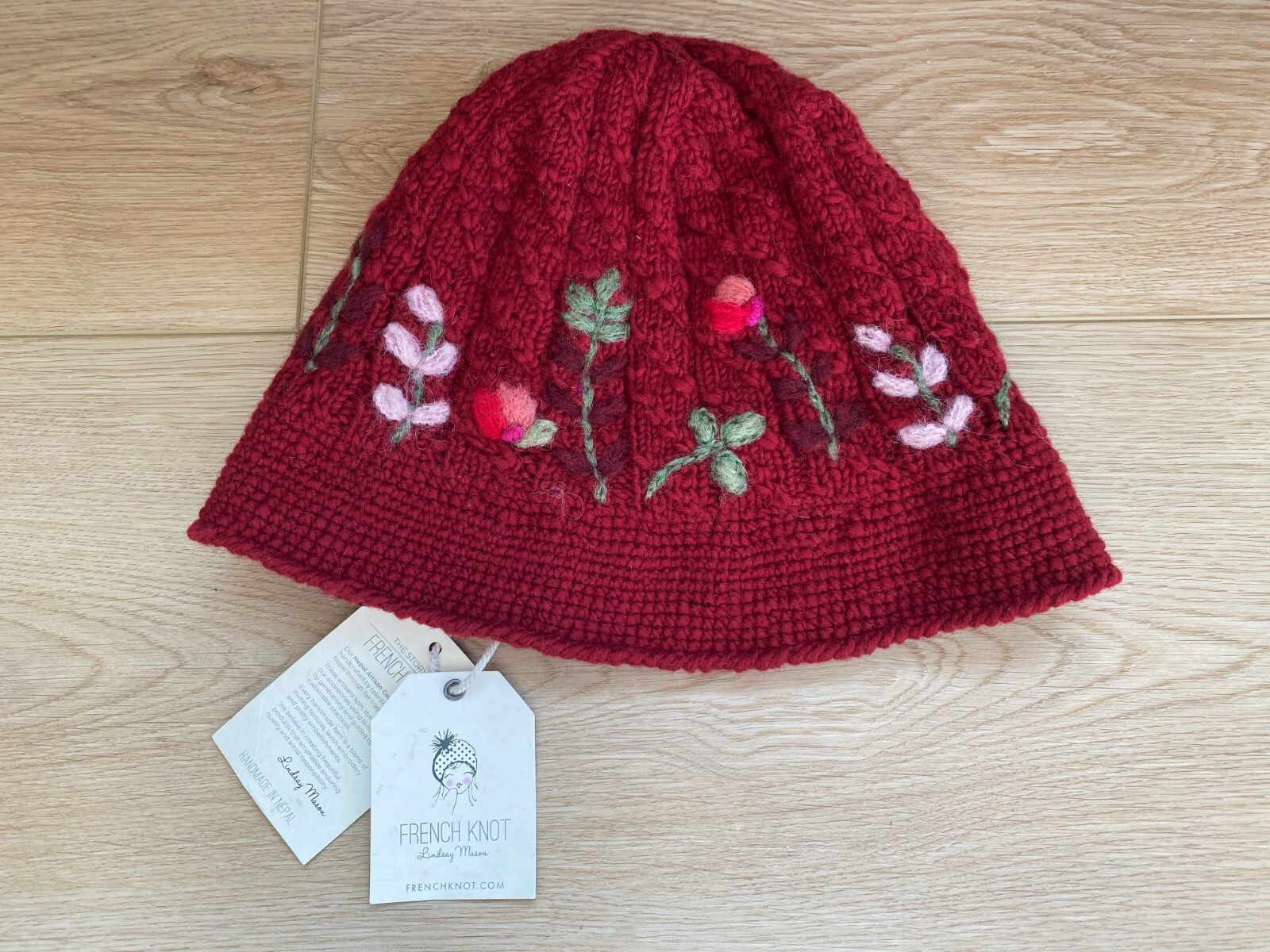 French Knot by Lindsay Mason Meadow Wool Hand Embroidered Hat Beanie NWT $82