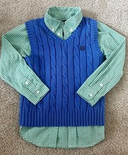 Chaps Boys Button Down LS Green/White Plaid Shirt & Blue Sweater Vest Sz 5/6