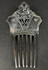Antique Large Victorian Ornate Sterling Silver Floral & Putti Hair Comb 1870