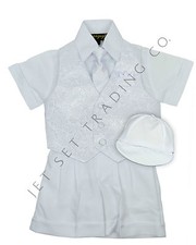 INFANT WHITE CHRISTENING SET 502- 5 PCS VEST SHIRT PANT HAT  TIE 3M-24M
