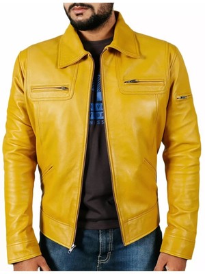 Leather Jacket Men's Biker Motorcycle Style Men Sheep Skin Racer Soft Yellow 32