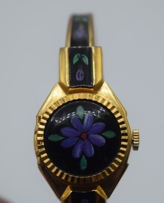 PEEKABOO VINTAGE WATCH SWISS MOVEMENT ENAMEL FLOWER GOLD WATCH