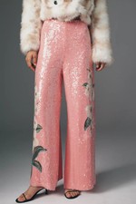 💕$228 FARM RIO ANTHROPOLOGIE SEQUIN WHITE ORCHIDS PINK WIDE LEG PANTS SZ LARGE