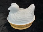Hen On Nest Milk Glass & Tan Candy Nut Trinket Dish Avon Chicken Vintage