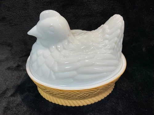 Hen On Nest Milk Glass & Tan Candy Nut Trinket Dish Avon Chicken Vintage