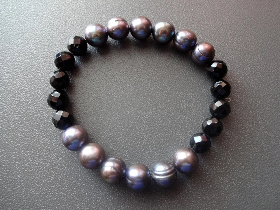Pulsera Honora Genuina Negra Gris Perla y Negro Onix Elástica Damas 7" Foto 3 de 4