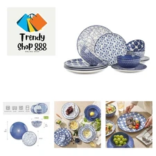 Elegant 12-Piece Vintage Blue Ceramic Dinnerware Set, Dishwasher Safe & Scrat...