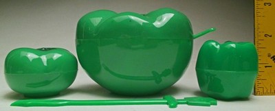 Vintage Green Plastic Tomato Relish Dish, Shakers and Heinz 57 Pickle Fork