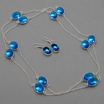 Faceted London Blue Topaz Oval Shape Handmade Gemstone Jewelry Chain+Earrings