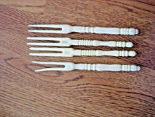 Vintage Set of 4 Cream Celluloid Cocktail Appetizer Picks Two-Prong Forks Spears