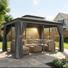 Gazebo Da Giardino 3x3.8 Mt con Tende, Zanzariere, Doppio Tetto, Grigio Scuro 