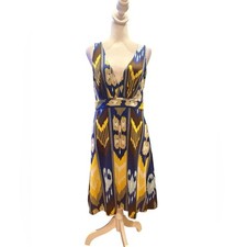 Tory Burch Silk Dress Southwestern Aztec Jersey Blue Yellow Sleeveless Medium