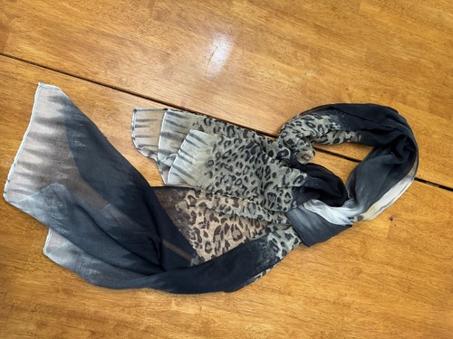 Italian Gauze Wrinkled Ombre Animal Print Scarf White Black Long Viscose Cotton - Picture 1 of 7
