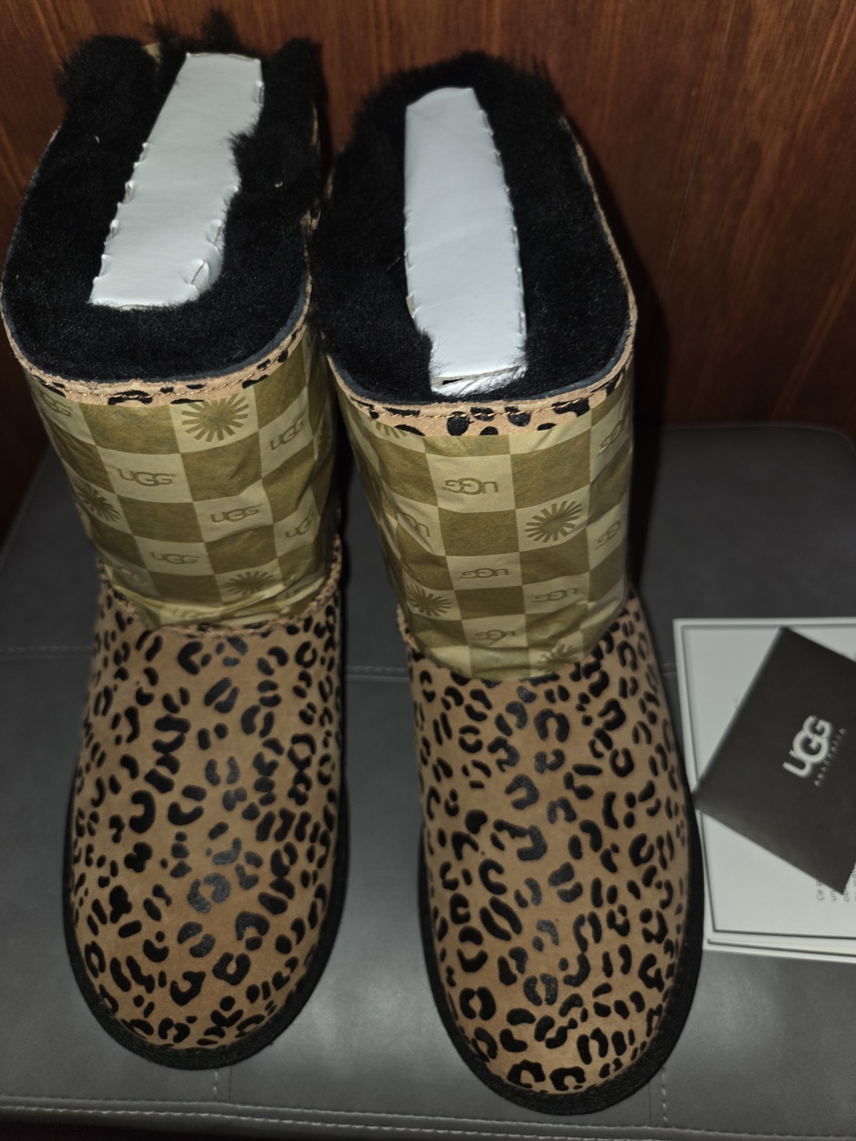 Ugg Australia K Bailey Bow Leopard Print Sheepskin Leather Boots image 2