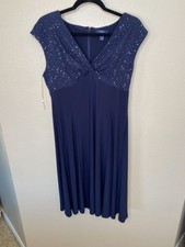 Chaps Womens Navy Blue Sequin-Embellished Cap Sleeve Dress L Polyester v-neck