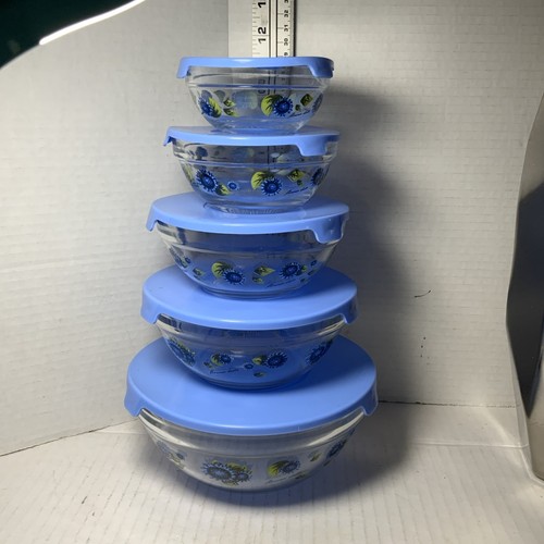 Vintage Set of 5 Stackable Glass Floral Design Bowls W/Lids! - Picture 2 of 6