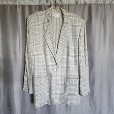 Vintage 90s Liz Claiborne Blazer Size 14 Grey Cream Plaid Check Single Button