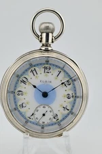 Gorgeous Blue Dial Elgin 18s Coin Silver Pocket Watch