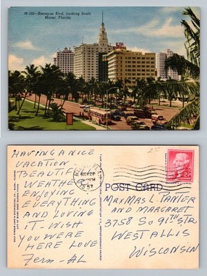 Miami, Florida Biscayne Blvd Looking South Hotel Biscayne Vintage c1957 Postcard
