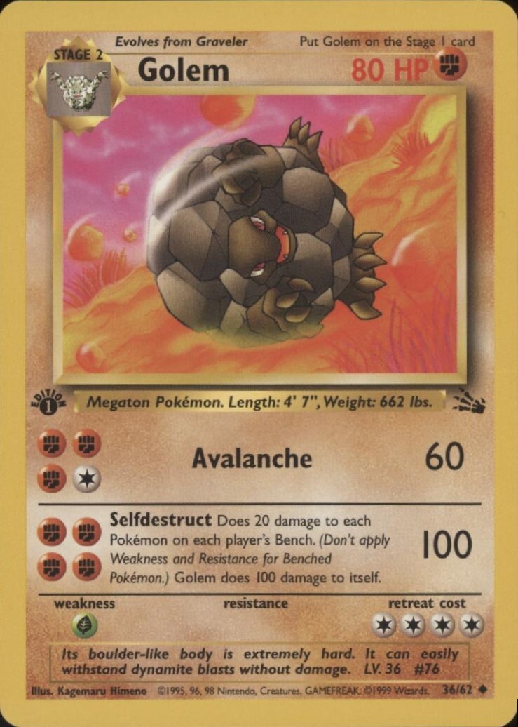 1st Ed Golem Non-Holo WOTC Pokemon Card 36/62 Fossil Set NM/MT