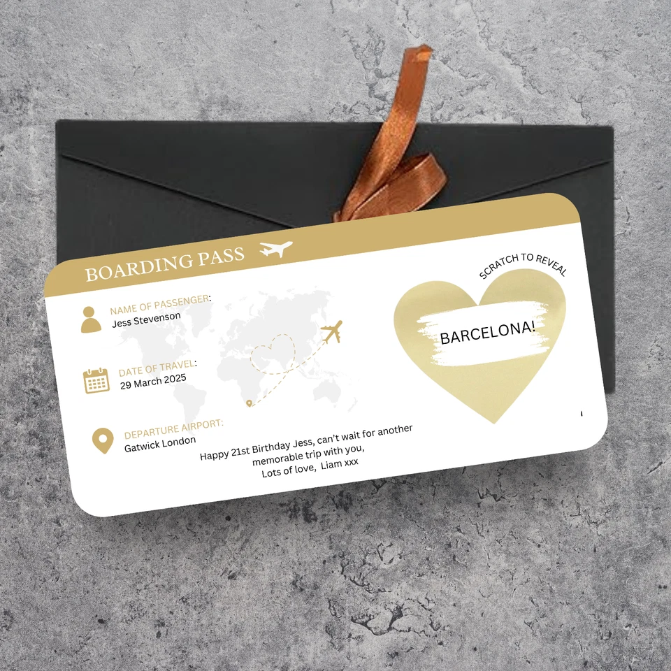 THE LITTLE GIFT COMPANY Personalised Boarding Pass Scratch To Reveal Ticket Card Ribbon Envelope #2300