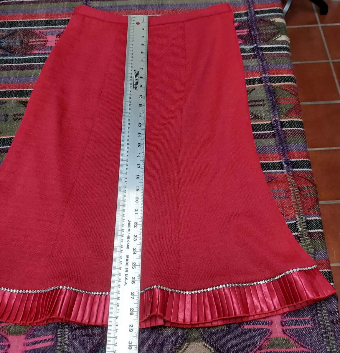 Liorah Exclusive Womens 16 Red Wool Blend Knit A-Line Skirt Rhinestone Pleated View 6