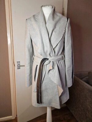 River island wool blend faux leather belted waterfall grey coat