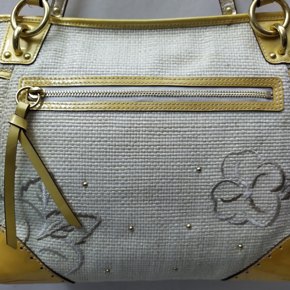 Coach Yellow Tan Straw Leather Trim 3D Flower Tote Shoulder Bag | eBay