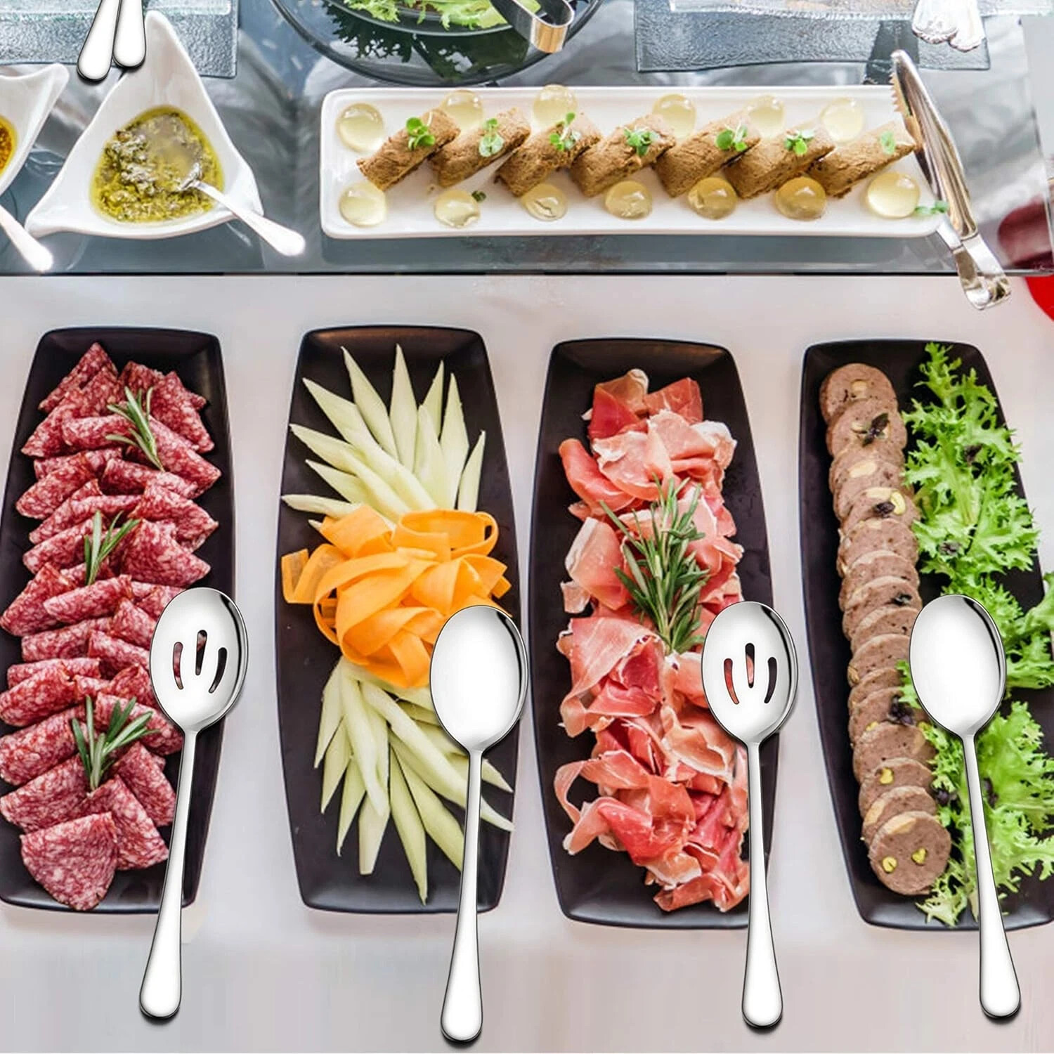 6 Pack Serving Spoons Set, Stainless Steel Large & Slotted Spoons for Buffet