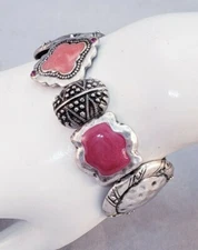 Chunky Red Pink Enameled Rhinestone Detailed Silver Tone Stretch Boho Bracelet