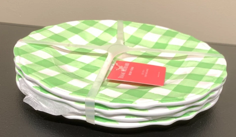 NWT ISAAC MIZRAHI NEW YORK Set OF 4 Melamine Salad Plates 9" Checked White/Green - Image 3 of 4